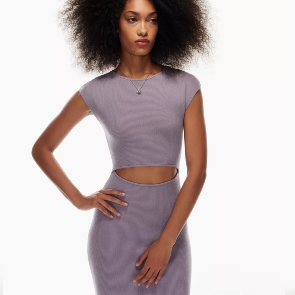 Wilfred knit cut-out knit mini dress in purple slate from Aritzia